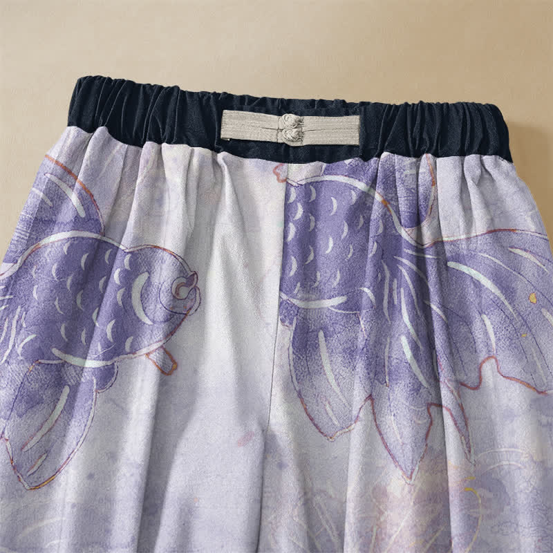 Buddha Stones Pantaloni harem da donna in puro cotone con motivo pesci rossi ad acquerello, bottoni a forma di rana e vita elasticizzata, con tasche. - image 2
