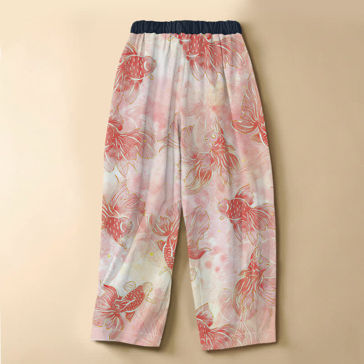Buddha Stones Pantaloni harem da donna in puro cotone con motivo pesci rossi ad acquerello, bottoni a forma di rana e vita elasticizzata, con tasche. - image 6