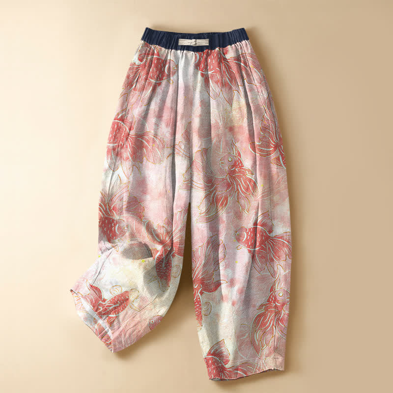 Buddha Stones Pantaloni harem da donna in puro cotone con motivo pesci rossi ad acquerello, bottoni a forma di rana e vita elasticizzata, con tasche. - Rosa chiaro - US16, UK/AU20, EU48 (3XL) - image 5