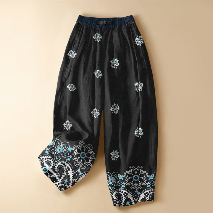 Buddha Stones Pantaloni harem da donna in puro cotone, stile bohémien, con motivo floreale paisley, bottoni a rana e vita elasticizzata, con tasche. - Nero - US16, UK/AU20, EU48 (3XL) - image 5