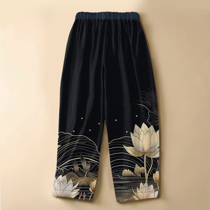 Buddha Stones Pantaloni harem da donna in puro cotone con motivo a onde di loto dorato, bottoni a rana e vita elasticizzata, con tasche. - image 1