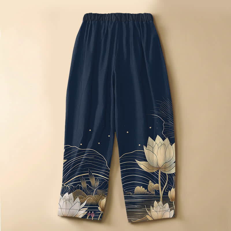 Buddha Stones Pantaloni harem da donna in puro cotone con motivo a onde di loto dorato, bottoni a rana e vita elasticizzata, con tasche. - image 6