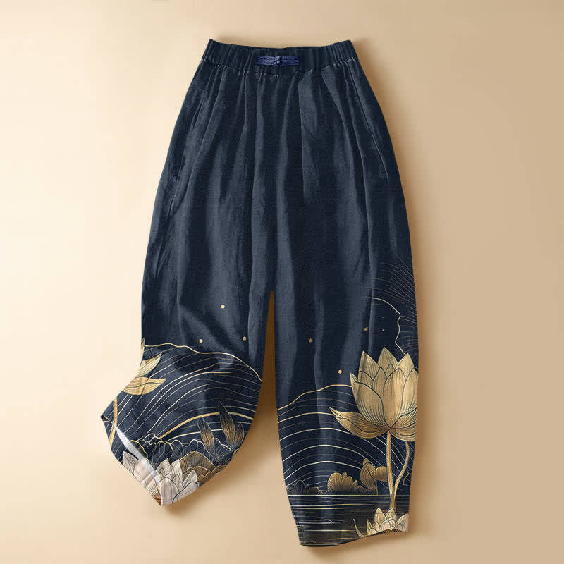 Buddha Stones Pantaloni harem da donna in puro cotone con motivo a onde di loto dorato, bottoni a rana e vita elasticizzata, con tasche. - Marina - US16, UK/AU20, EU48 (3XL) - image 5