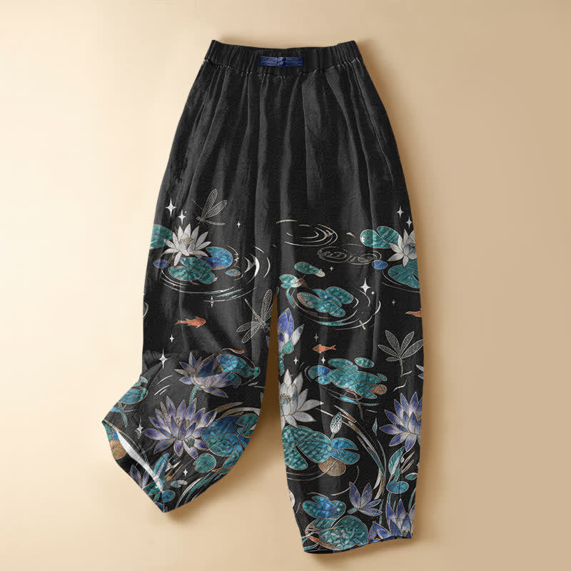 Buddha Stones Pantaloni harem da donna in puro cotone con motivo loto, koi, libellula, bottoni a rana e vita elasticizzata con tasche. - Nero - US16, UK/AU20, EU48 (3XL) - image 0