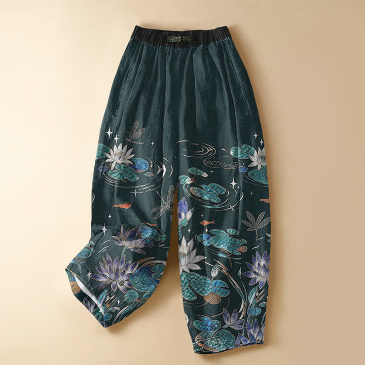 Buddha Stones Pantaloni harem da donna in puro cotone con motivo loto, koi, libellula, bottoni a rana e vita elasticizzata con tasche. - Verde acqua - US16, UK/AU20, EU48 (3XL) - image 5