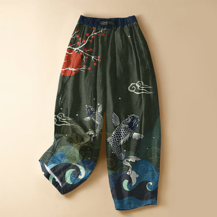 Buddha Stones Pantaloni harem da donna in puro cotone con motivo a onde e koi orientali, bottoni a rana e vita elasticizzata, con tasche. - Verde scuro - US16, UK/AU20, EU48 (3XL) - image 5