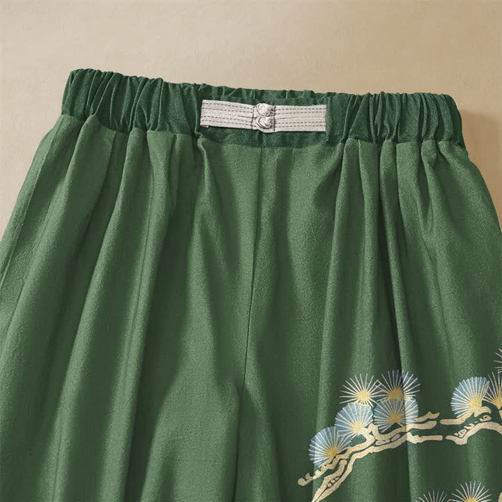 Buddha Stones Pantaloni harem da donna in puro cotone con motivo a cascata di pini e carpe koi, bottoni a forma di rana e vita elasticizzata, con tasche. - image 2
