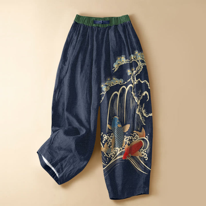 Buddha Stones Pantaloni harem da donna in puro cotone con motivo a cascata di pini e carpe koi, bottoni a forma di rana e vita elasticizzata, con tasche. - Marina - US16, UK/AU20, EU48 (3XL) - image 5