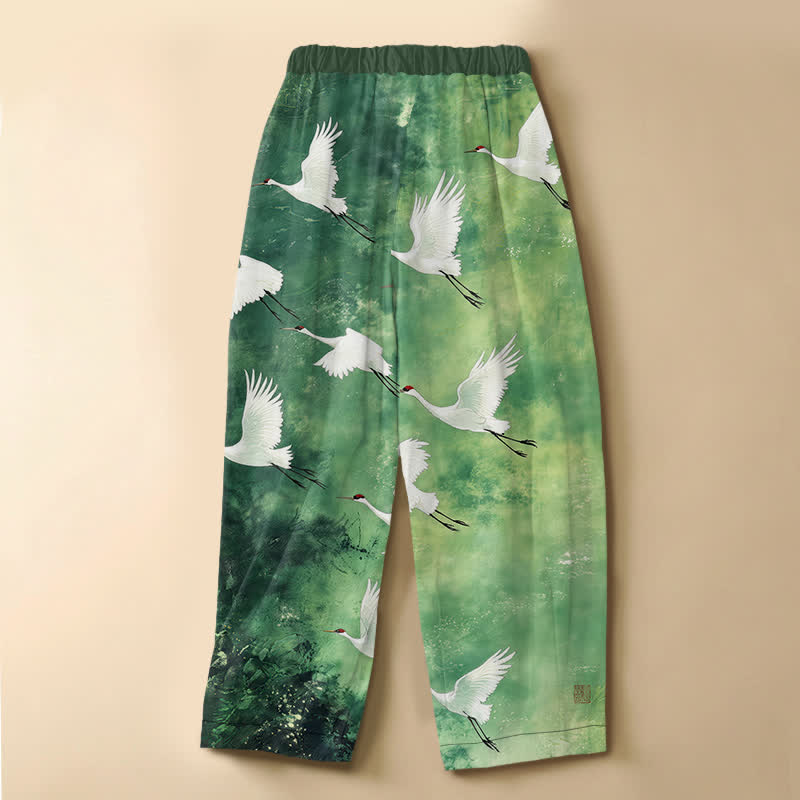 Buddha Stones Pantaloni harem da donna in puro cotone con motivo gru volanti bianche, bottoni a rana e vita elasticizzata, con tasche. - image 1