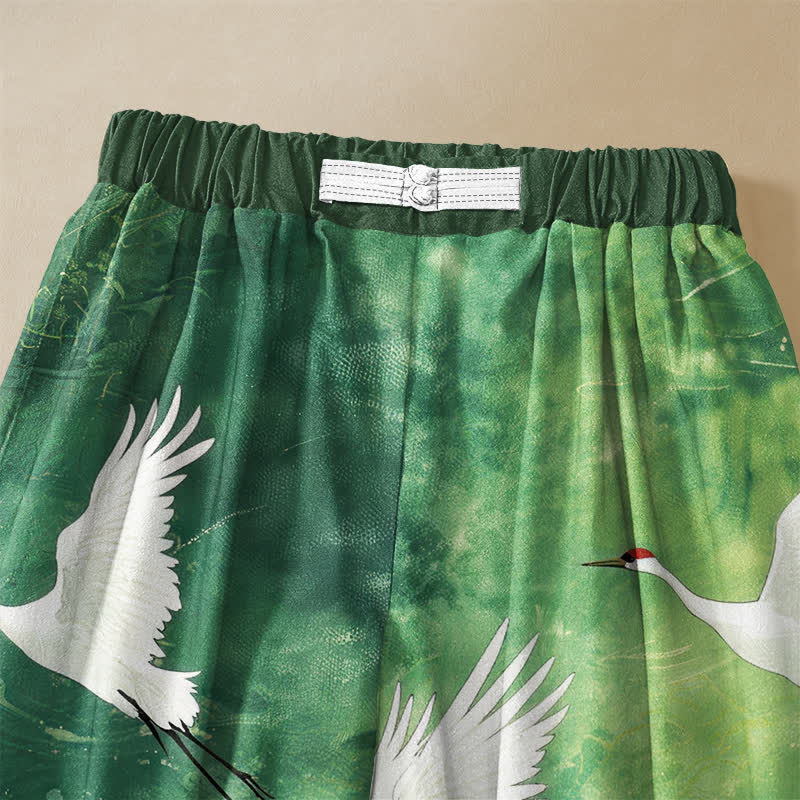 Buddha Stones Pantaloni harem da donna in puro cotone con motivo gru volanti bianche, bottoni a rana e vita elasticizzata, con tasche. - image 2