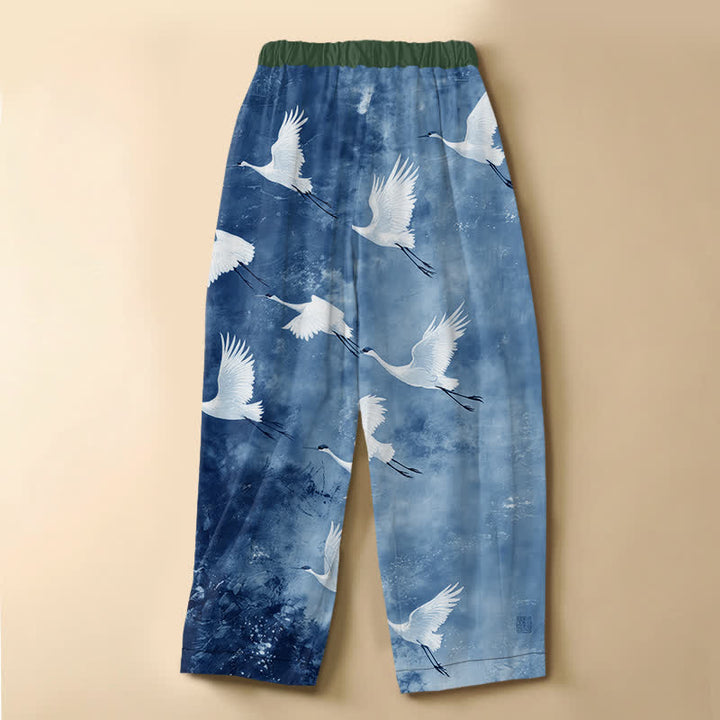 Buddha Stones Pantaloni harem da donna in puro cotone con motivo gru volanti bianche, bottoni a rana e vita elasticizzata, con tasche. - image 6