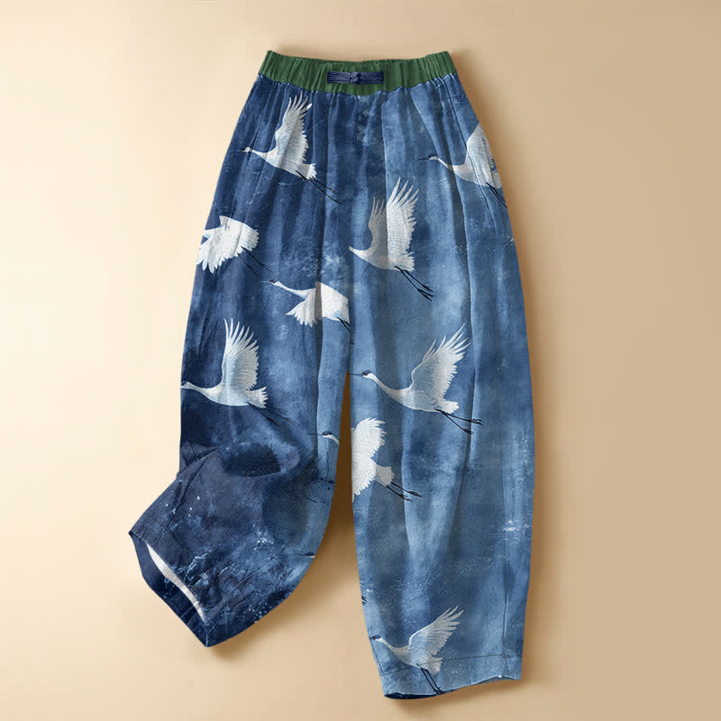 Buddha Stones Pantaloni harem da donna in puro cotone con motivo gru volanti bianche, bottoni a rana e vita elasticizzata, con tasche. - SteelBlue - US16, UK/AU20, EU48 (3XL) - image 5