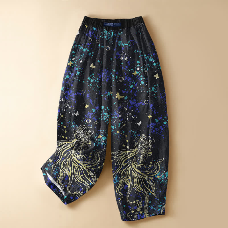 Buddha Stones Pantaloni harem da donna in puro cotone con motivo "Oceano stellato, farfalle, carpe koi", bottoni a rana e vita elasticizzata con tasche. - Nero - US16, UK/AU20, EU48 (3XL) - image 0