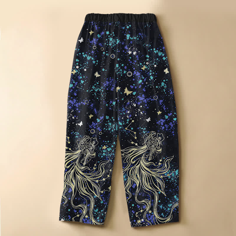 Buddha Stones Pantaloni harem da donna in puro cotone con motivo "Oceano stellato, farfalle, carpe koi", bottoni a rana e vita elasticizzata con tasche. - image 1