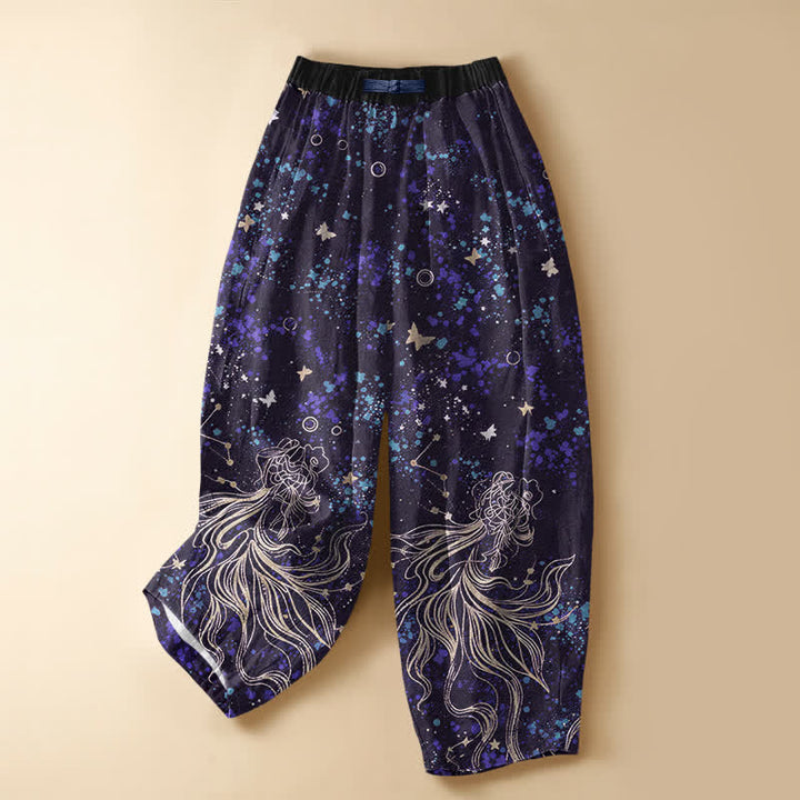 Buddha Stones Pantaloni harem da donna in puro cotone con motivo "Oceano stellato, farfalle, carpe koi", bottoni a rana e vita elasticizzata con tasche. - Indaco - US16, UK/AU20, EU48 (3XL) - image 5
