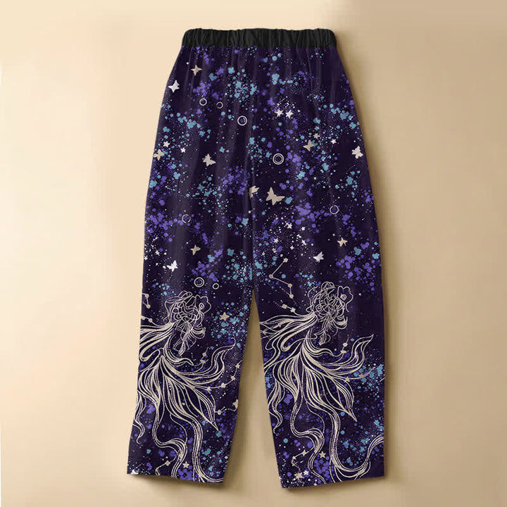 Buddha Stones Pantaloni harem da donna in puro cotone con motivo "Oceano stellato, farfalle, carpe koi", bottoni a rana e vita elasticizzata con tasche. - image 6