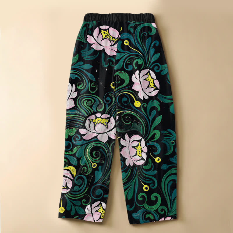 Buddha Stones Pantaloni harem da donna in puro cotone con motivo vintage a vite di loto, bottoni a rana e vita elasticizzata, con tasche. - image 1