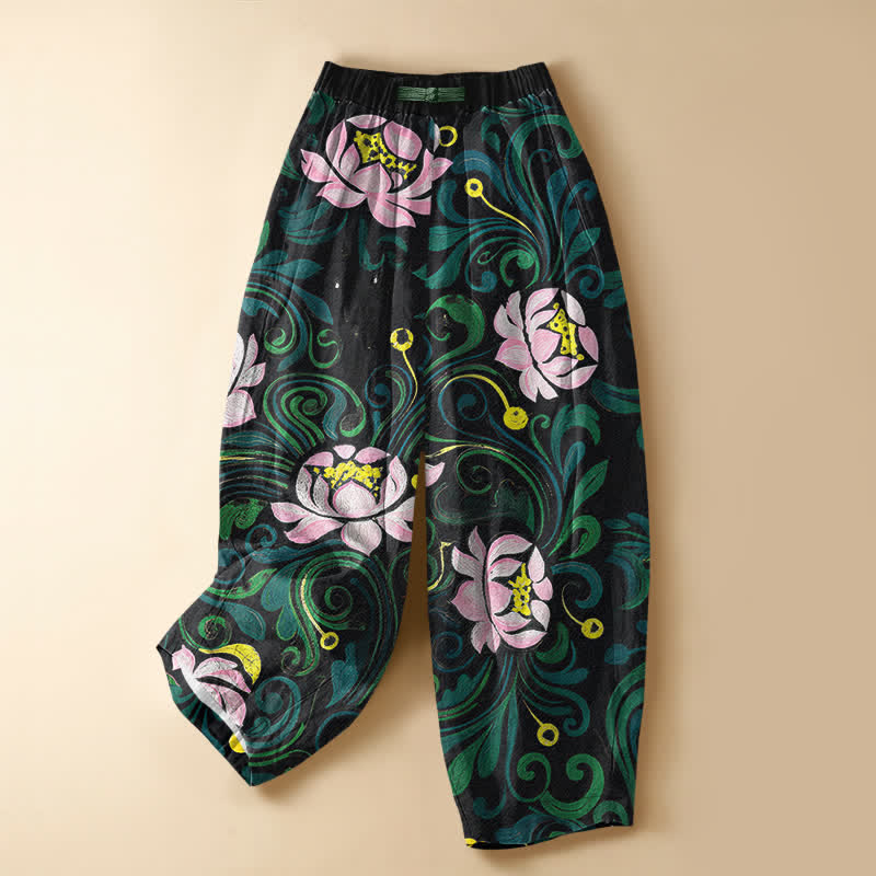 Buddha Stones Pantaloni harem da donna in puro cotone con motivo vintage a vite di loto, bottoni a rana e vita elasticizzata, con tasche. - SteelBlue - US16, UK/AU20, EU48 (3XL) - image 0