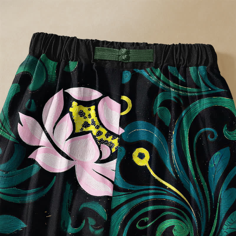 Buddha Stones Pantaloni harem da donna in puro cotone con motivo vintage a vite di loto, bottoni a rana e vita elasticizzata, con tasche. - image 2