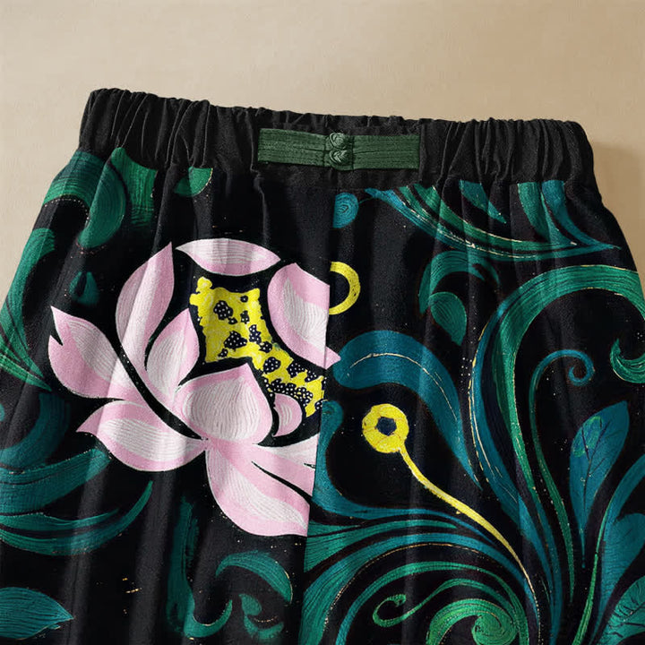 Buddha Stones Pantaloni harem da donna in puro cotone con motivo vintage a vite di loto, bottoni a rana e vita elasticizzata, con tasche. - image 2