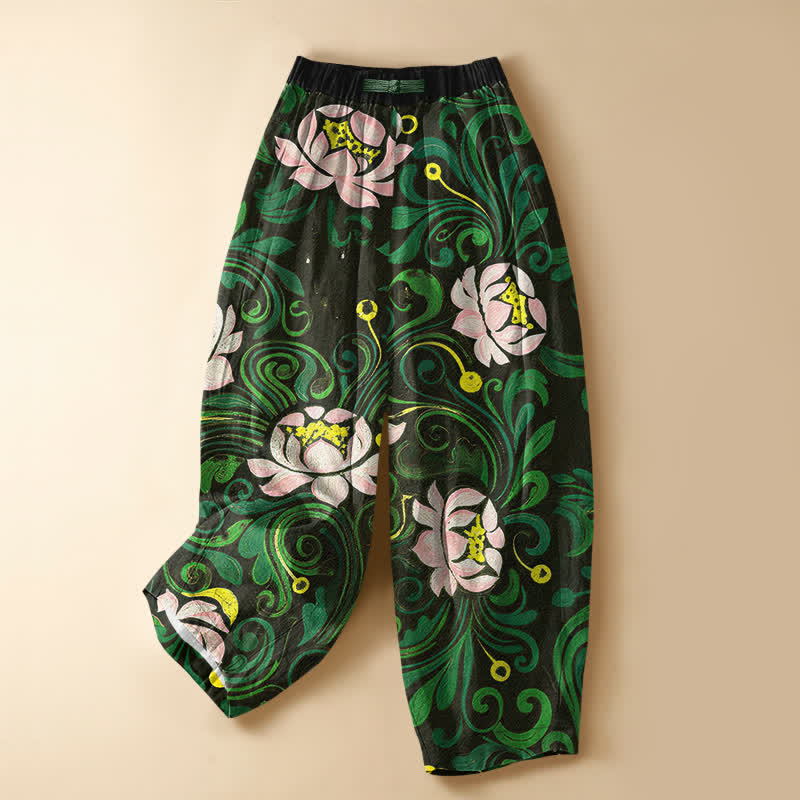 Buddha Stones Pantaloni harem da donna in puro cotone con motivo vintage a vite di loto, bottoni a rana e vita elasticizzata, con tasche. - Verde Mare Medio - US16, UK/AU20, EU48 (3XL) - image 5