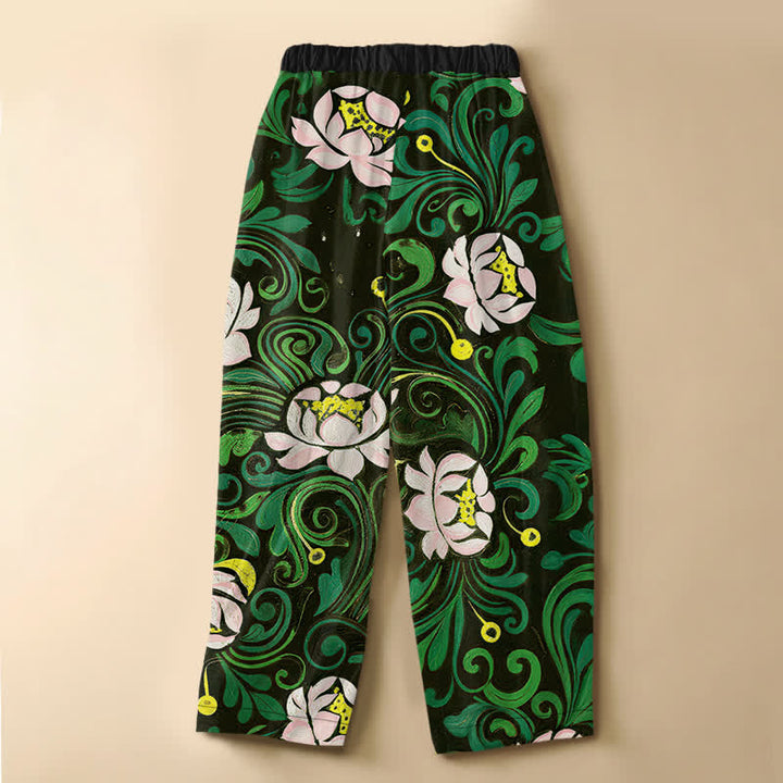 Buddha Stones Pantaloni harem da donna in puro cotone con motivo vintage a vite di loto, bottoni a rana e vita elasticizzata, con tasche. - image 6