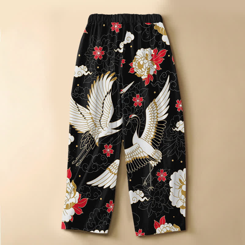 Buddha Stones Pantaloni harem da donna in puro cotone con motivo floreale vintage a gru, bottoni a rana e vita elasticizzata, con tasche. - image 1