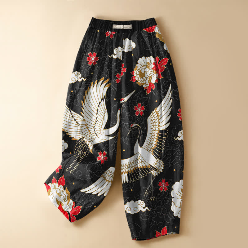 Buddha Stones Pantaloni harem da donna in puro cotone con motivo floreale vintage a gru, bottoni a rana e vita elasticizzata, con tasche. - Nero - US16, UK/AU20, EU48 (3XL) - image 0