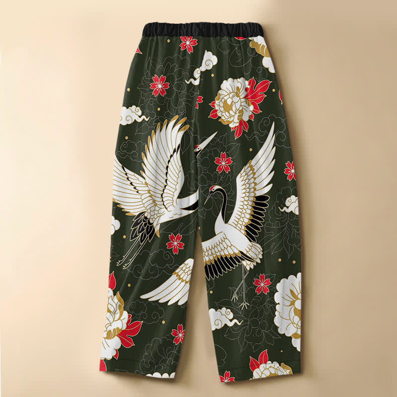 Buddha Stones Pantaloni harem da donna in puro cotone con motivo floreale vintage a gru, bottoni a rana e vita elasticizzata, con tasche. - image 6
