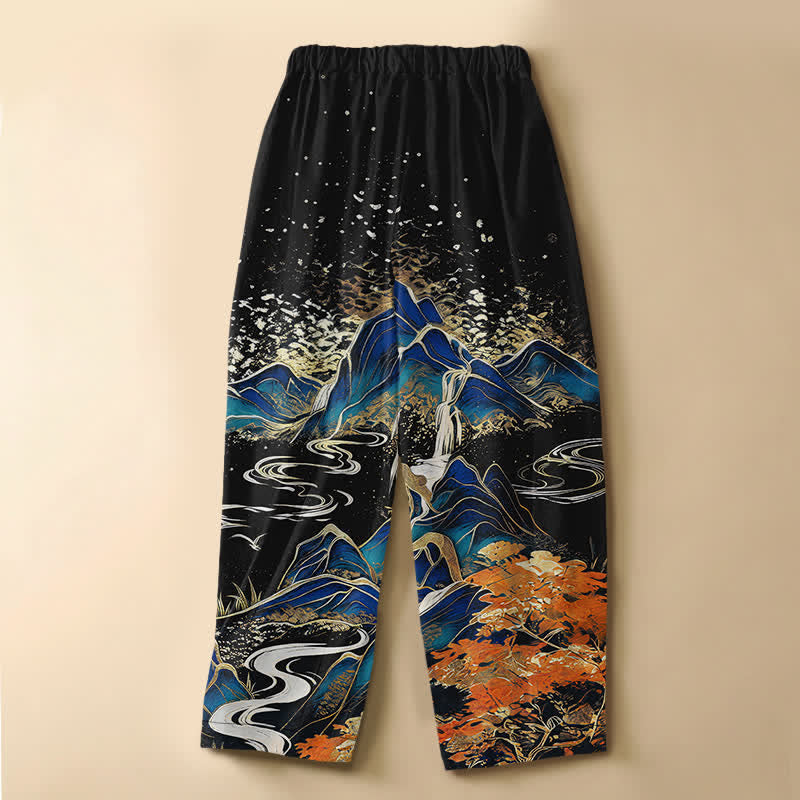 Buddha Stones Pantaloni harem da donna in puro cotone con motivo paesaggio montano orientale, bottoni a rana e vita elasticizzata, con tasche. - image 1