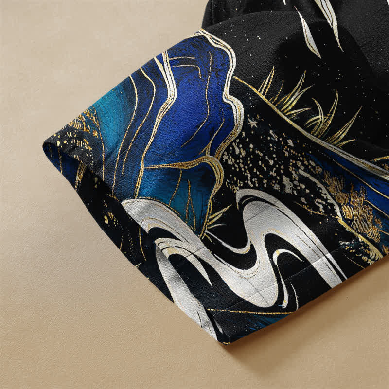 Buddha Stones Pantaloni harem da donna in puro cotone con motivo paesaggio montano orientale, bottoni a rana e vita elasticizzata, con tasche. - image 3
