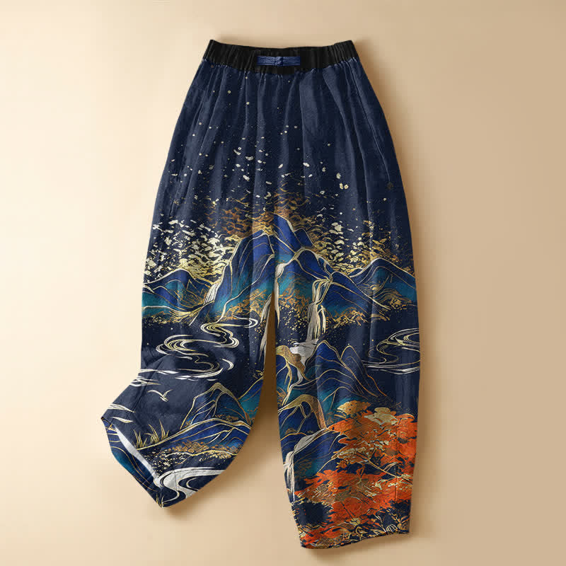 Buddha Stones Pantaloni harem da donna in puro cotone con motivo paesaggio montano orientale, bottoni a rana e vita elasticizzata, con tasche. - Marina - US16, UK/AU20, EU48 (3XL) - image 5