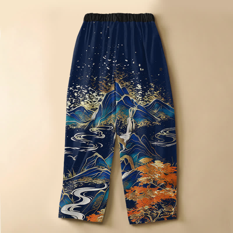 Buddha Stones Pantaloni harem da donna in puro cotone con motivo paesaggio montano orientale, bottoni a rana e vita elasticizzata, con tasche. - image 6