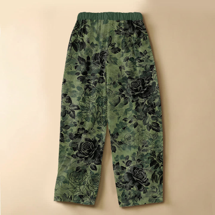 Buddha Stones Pantaloni harem da donna in puro cotone con motivo floreale vintage a rose, bottoni a rana e vita elasticizzata, con tasche. - image 1