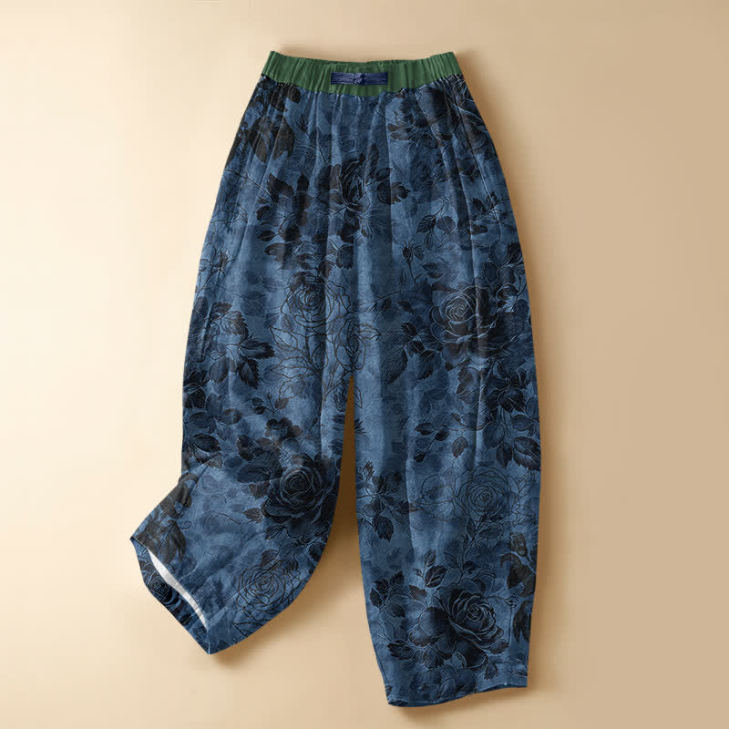 Buddha Stones Pantaloni harem da donna in puro cotone con motivo floreale vintage a rose, bottoni a rana e vita elasticizzata, con tasche. - SteelBlue - US16, UK/AU20, EU48 (3XL) - image 5