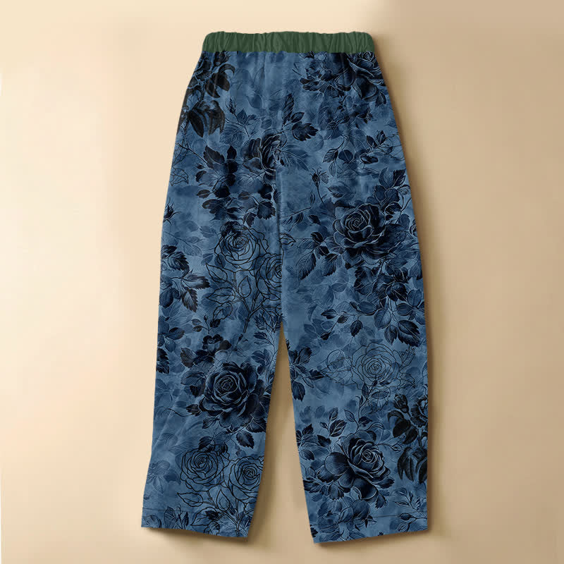 Buddha Stones Pantaloni harem da donna in puro cotone con motivo floreale vintage a rose, bottoni a rana e vita elasticizzata, con tasche. - image 6