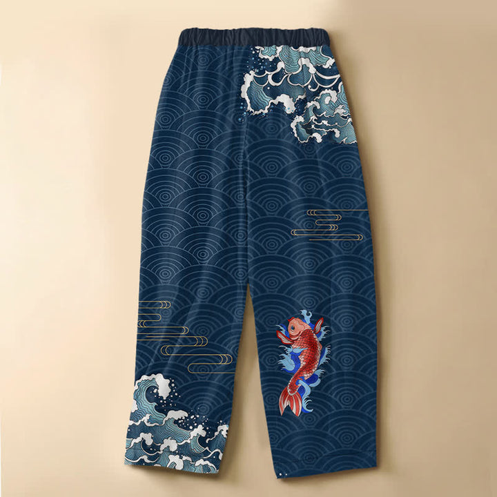 Buddha Stones Pantaloni harem da donna in puro cotone con motivo a onde koi giapponesi, bottoni a rana e vita elasticizzata, con tasche. - image 1