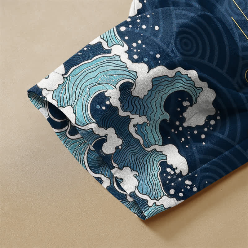 Buddha Stones Pantaloni harem da donna in puro cotone con motivo a onde koi giapponesi, bottoni a rana e vita elasticizzata, con tasche. - image 3