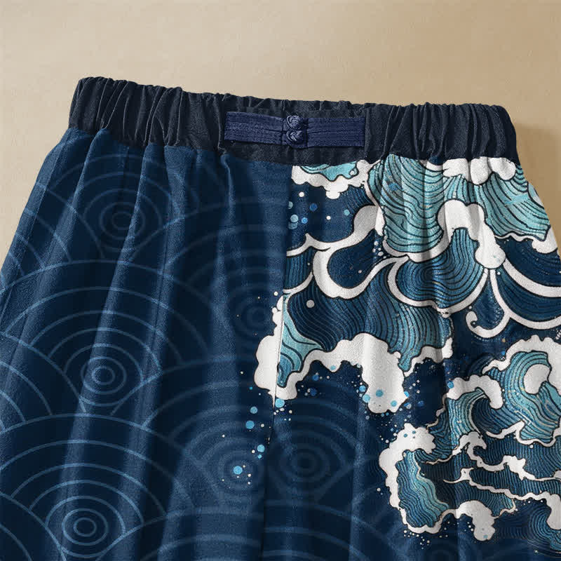 Buddha Stones Pantaloni harem da donna in puro cotone con motivo a onde koi giapponesi, bottoni a rana e vita elasticizzata, con tasche. - image 2