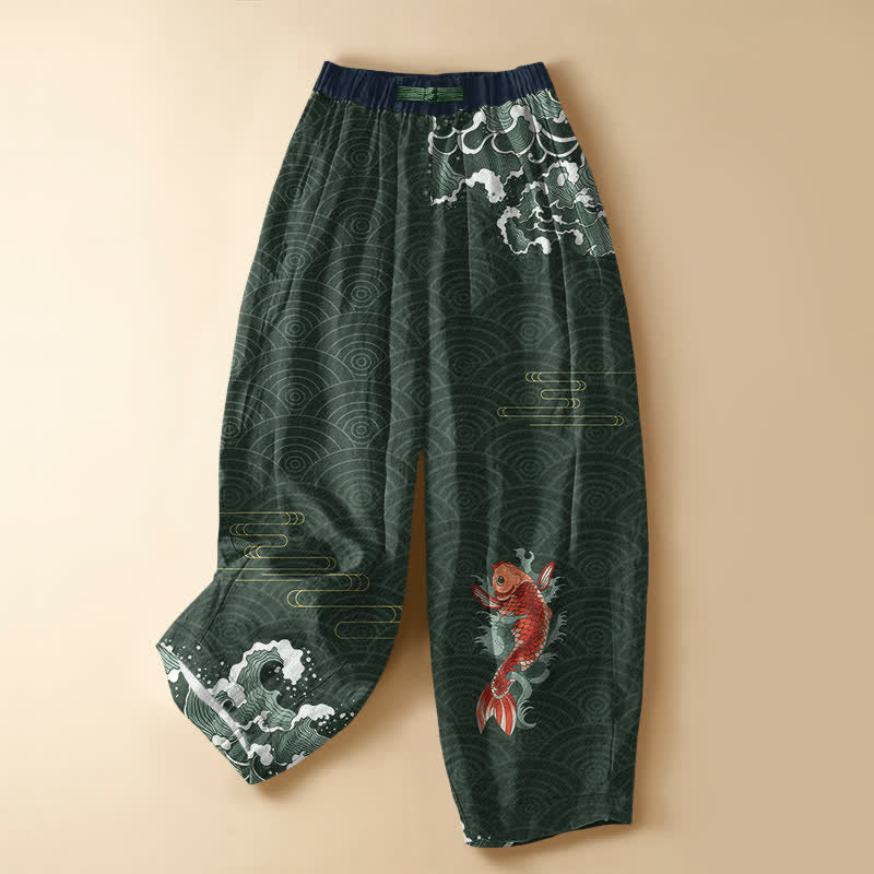 Buddha Stones Pantaloni harem da donna in puro cotone con motivo a onde koi giapponesi, bottoni a rana e vita elasticizzata, con tasche. - Verde scuro - US16, UK/AU20, EU48 (3XL) - image 5