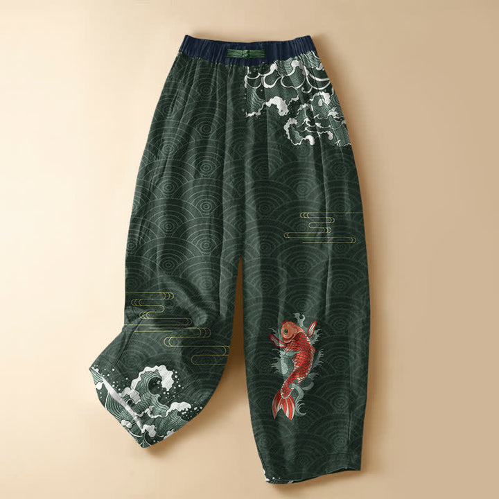 Buddha Stones Pantaloni harem da donna in puro cotone con motivo a onde koi giapponesi, bottoni a rana e vita elasticizzata, con tasche. - Verde scuro - US16, UK/AU20, EU48 (3XL) - image 5