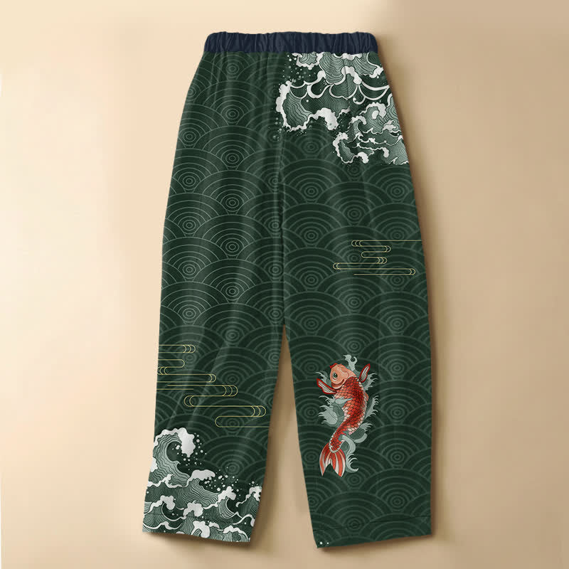 Buddha Stones Pantaloni harem da donna in puro cotone con motivo a onde koi giapponesi, bottoni a rana e vita elasticizzata, con tasche. - image 6