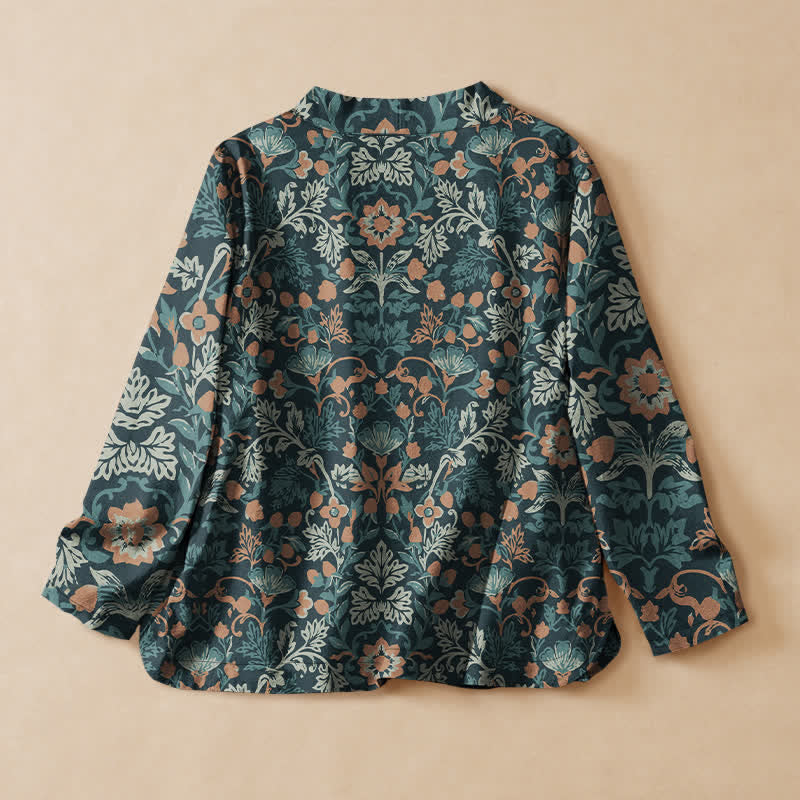 Buddha Stones Camicia da donna a maniche lunghe in cotone stile Hanfu con stampa floreale vintage e motivo a vite, scollo a V e allacciatura a lacci. - image 8