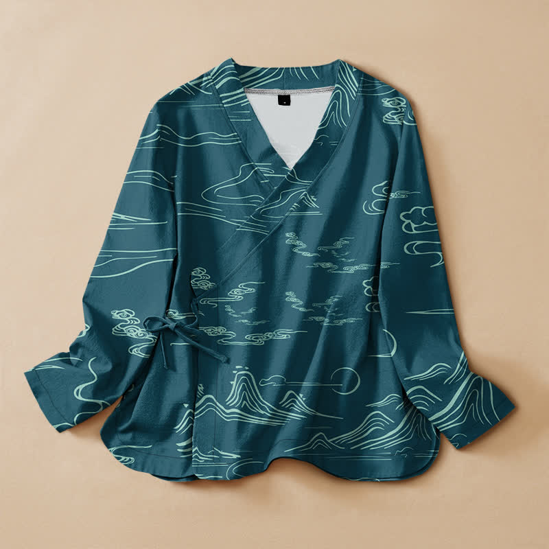 Buddha Stones Camicia da donna a maniche lunghe con scollo a V e allacciatura, in stile Hanfu, con stampa di montagne, nuvole e luna, in cotone. - Verde acqua - US16, UK/AU20, EU48 (3XL) - image 5
