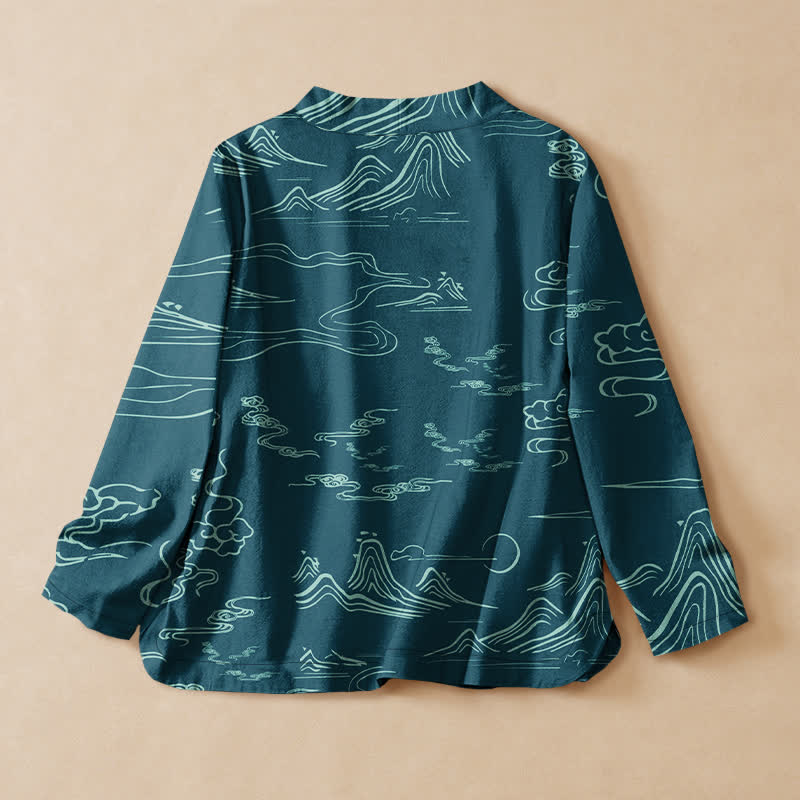 Buddha Stones Camicia da donna a maniche lunghe con scollo a V e allacciatura, in stile Hanfu, con stampa di montagne, nuvole e luna, in cotone. - image 6