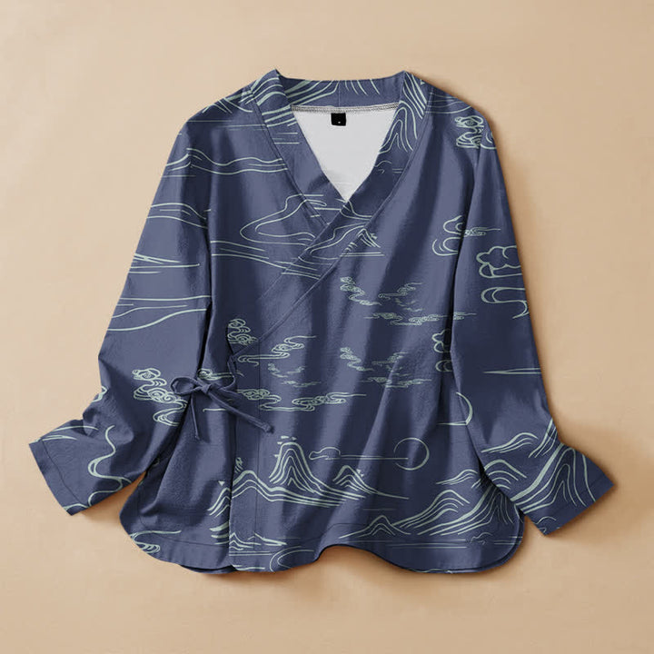 Buddha Stones Camicia da donna a maniche lunghe con scollo a V e allacciatura, in stile Hanfu, con stampa di montagne, nuvole e luna, in cotone. - SteelBlue - US16, UK/AU20, EU48 (3XL) - image 7