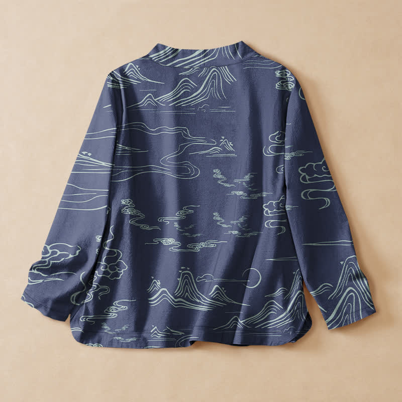 Buddha Stones Camicia da donna a maniche lunghe con scollo a V e allacciatura, in stile Hanfu, con stampa di montagne, nuvole e luna, in cotone. - image 8