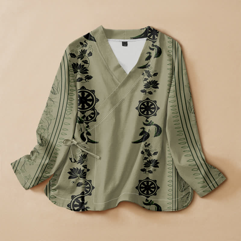 Buddha Stones Kimono da donna a maniche lunghe con scollo a V e allacciatura, in cotone stile boho con motivo floreale e bordo decorativo. - Verde Mare Scuro - US16, UK/AU20, EU48 (3XL) - image 7