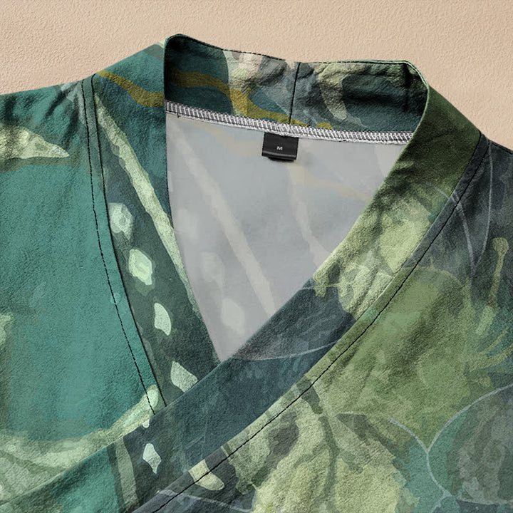 Buddha Stones Kimono da donna a maniche lunghe, stile Hanfu, con scollo a V e allacciatura, in cotone bianco con stampa a foglie di loto. - image 2