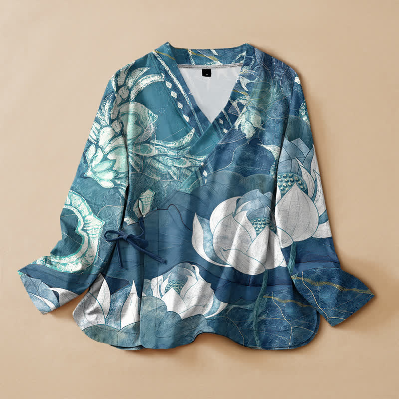Buddha Stones Kimono da donna a maniche lunghe, stile Hanfu, con scollo a V e allacciatura, in cotone bianco con stampa a foglie di loto. - SteelBlue - US16, UK/AU20, EU48 (3XL) - image 5